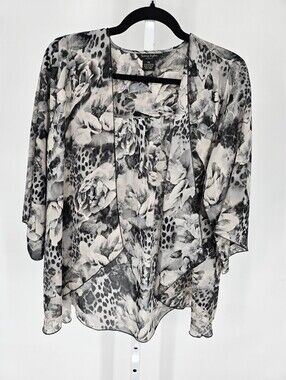 Sunny Taylor womens Sz PS Petite Open Front Blouse Black Gray Marbled Sheer